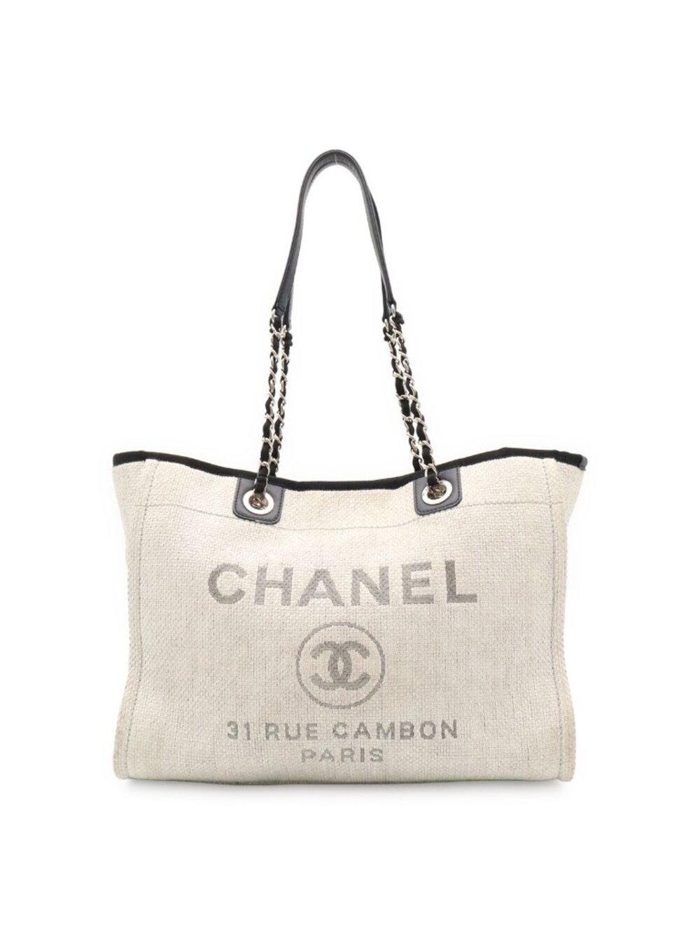 Chanel Deauville Line Tote MM Shoulder Bag Chain Raffia Light Gray Black